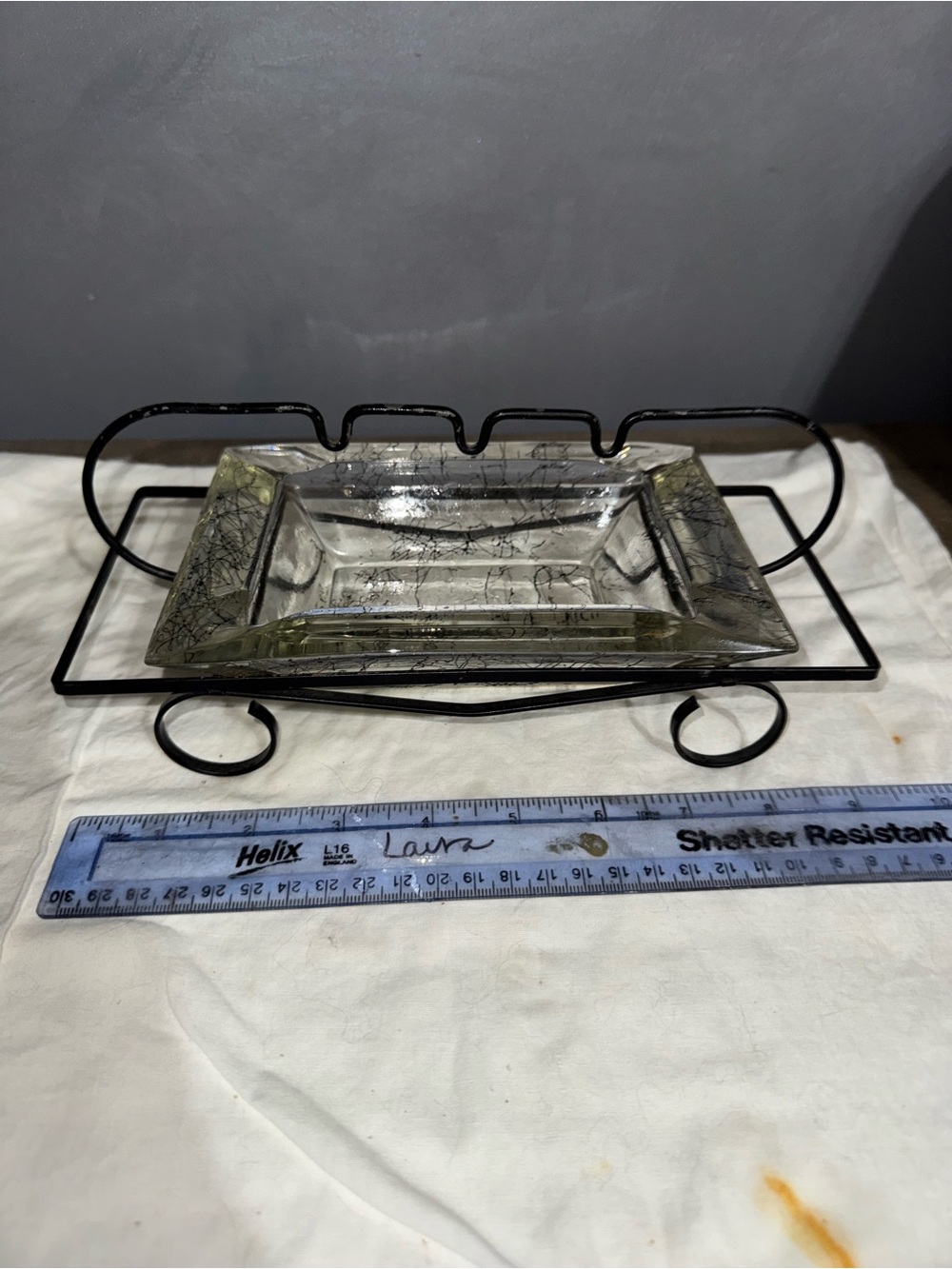 Vintage Mcm Metal stand spaghetti splatter glass ashtray